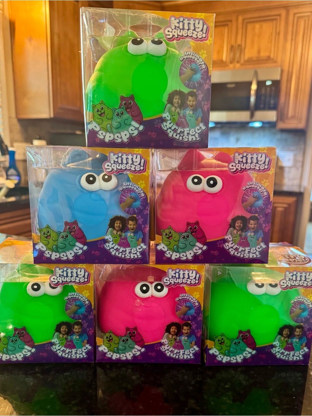 Kitty Squeeze Squishy- Bright Green, Pink, Blue